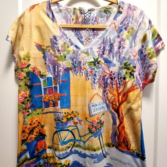 ELLEN NEGLEY "Art & Sol" Women's Multi-Colors V-Neck Cap Sleeve Top - Size Large - Picture 10 of 14